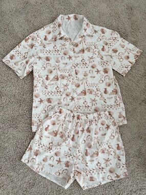 SHEIN White and Tan Abstract Beach Print Swim Coverup Set Size L